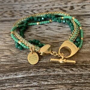 Henri Bendel Multi-strand Bracelet Gold Toggle Faceted Green Beads Signed Charm
